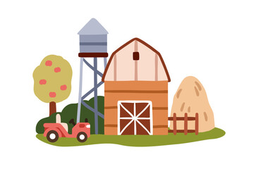 Farm buildings, barn, water tower, farmhouse. Hangar, agriculture construction, countryside landscape. Rural country scene with hay bales, house. Flat vector illustration isolated on white background