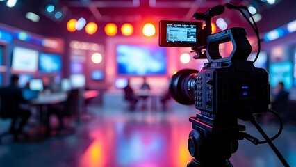 Recording an interview on camera in a television studio with a blurred background, demonstrating media technologies. Creation of a conceptual television studio