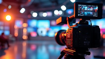 Recording an interview on camera in a television studio with a blurred background, demonstrating media technologies. Creation of a conceptual television studio