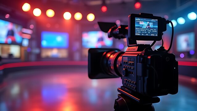 Recording an interview on camera in a television studio with a blurred background, demonstrating media technologies. Creation of a conceptual television studio