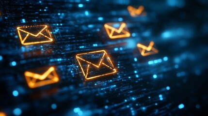 A digital illustration featuring glowing email icons against a blue, data-like background, symbolizing communication and technology.