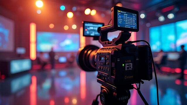 Recording an interview on camera in a television studio with a blurred background, demonstrating media technologies. Creation of a conceptual television studio
