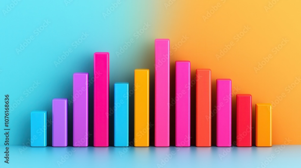 Poster a colorful bar chart displays varying heights against a gradient blue and orange background, represe