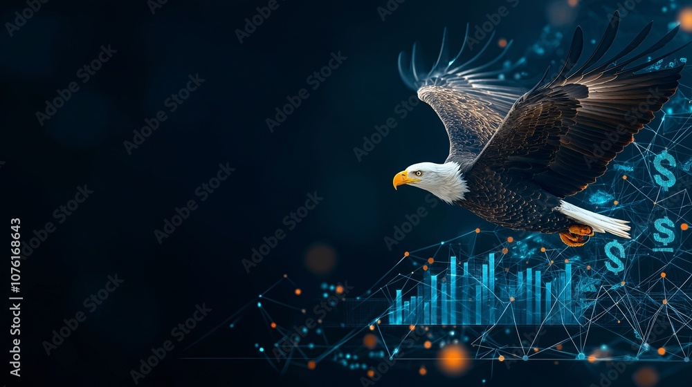 Poster bald eagle gliding gracefully above abstract financial data visualization with graphs and dollar sym