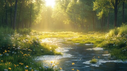 Serene forest scene with a gentle stream and sunlight filtering through.