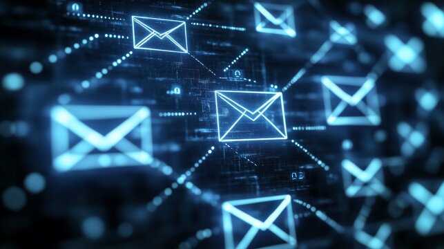 A digital network of glowing email icons connected by lines, symbolizing communication and data flow in a tech environment.