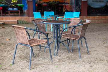Tables and chairs for outdoor dining in a restaurant