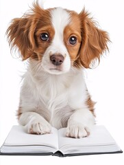 Adorable Dog with a White Book Featuring Blank Pages and Expressive Eyes Capturing the Essence of Curiosity and Playful Charm