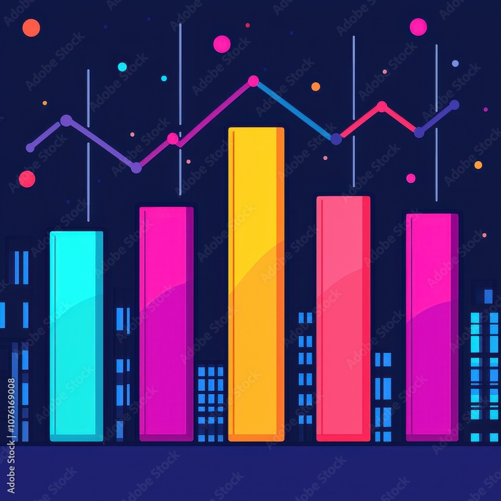 Poster a vibrant data visualization featuring colorful bars and a line graph, representing statistical anal