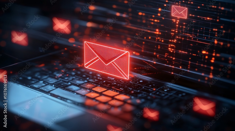 Poster a glowing red envelope appears above a laptop, symbolizing digital communication and email notificat