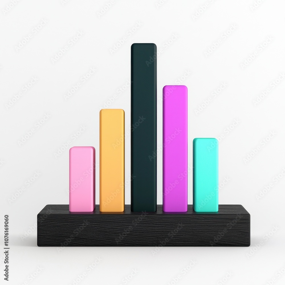 Poster a colorful bar graph with varying heights showcases data representation on a black base, symbolizing