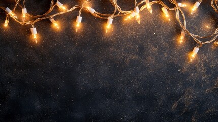 Festive christmas garland lights with warm gold glow over dark background, featuring sparkling glitter overlay for a magical holiday atmosphere and cozy seasonal decor


