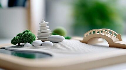 Tranquil Zen Garden with Raked Sand and Bridge