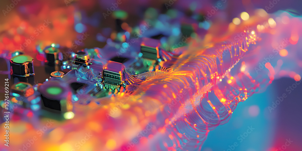 Poster vibrant circuit board abstract: close-up of a colorful, abstract circuit board with glowing componen