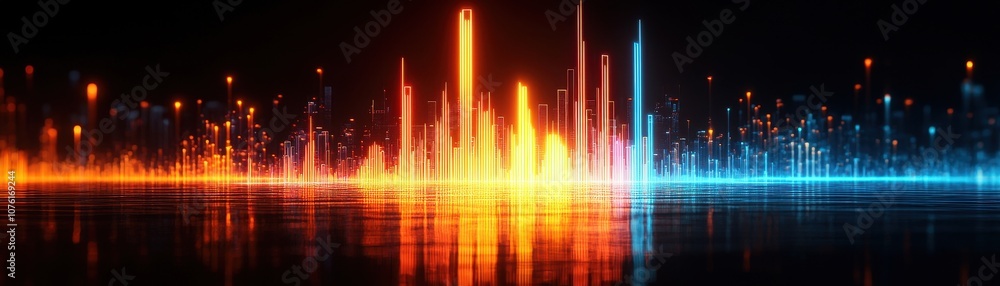 Poster a vibrant visualization of sound waves, showcasing colorful peaks and valleys against a dark backgro