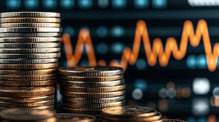 Stacks of coins in the foreground with an out-of-focus financial chart displaying orange line graph in the background, symbolizing investment and economic growth.