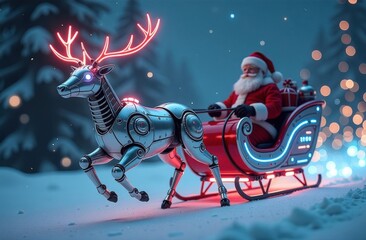 A modernized robotic reindeer pulling Santa's sleigh. The reindeer has a metal body with neon lights instead of traditional antlers, and the sleigh is filled with twinkling lights and digital screens.