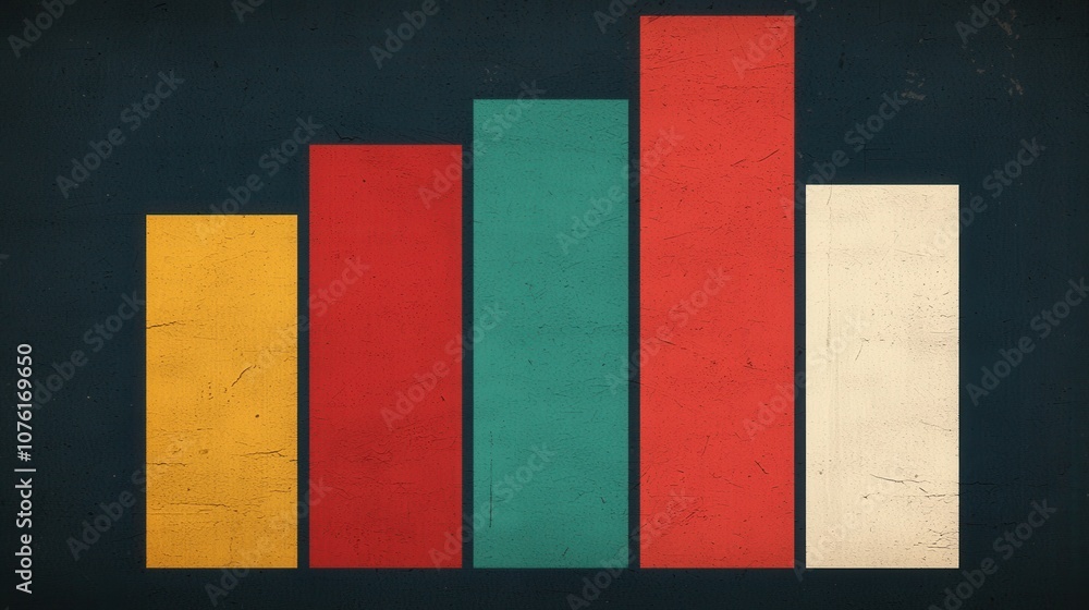 Poster a minimalist bar chart design featuring colorful vertical bars on a dark background, representing da