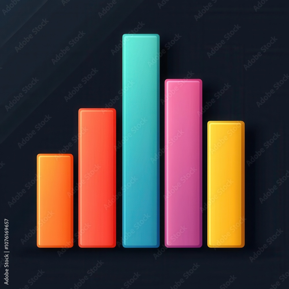 Poster a modern, colorful bar graph on a dark background, representing data visualization with varying heig