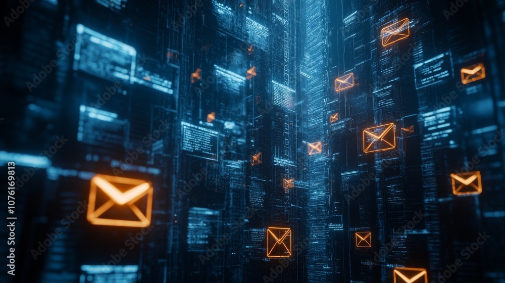 Poster a futuristic digital scene featuring floating email icons amid a backdrop of glowing data streams.