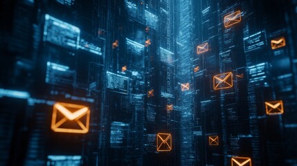 A futuristic digital scene featuring floating email icons amid a backdrop of glowing data streams.