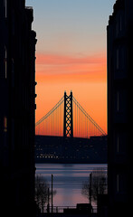 Bridge and sunset seen between buildings generated by AI