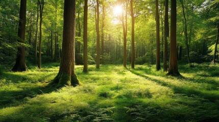 Obraz premium A forest with a lot of trees and grass