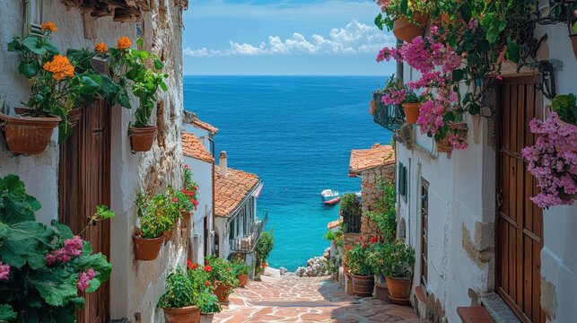Scenic coastal view with colorful flowers and a tranquil sea.