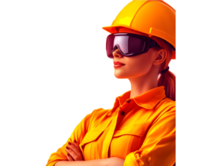 Confident female construction worker in safety gear, white isolate background.
