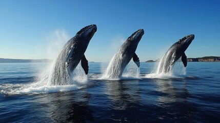 Fototapeta premium Three Humpback Whales Leaping Out of the Ocean