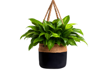 Hanging plant in a woven basket, white isolate background.