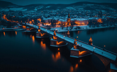 Old townscape stone bridge and night view generated by AI