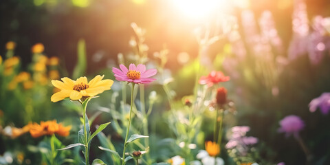 Obraz premium Golden Hour Meadow: Vibrant wildflowers bathed in the warm glow of sunset, a picturesque scene of natural beauty and serenity. 