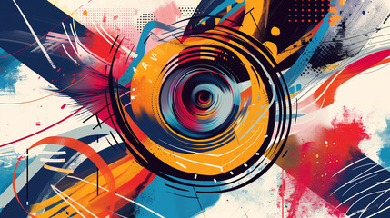 Obraz premium Dynamic abstract composition of swirling colors with a blend of blue, orange, and pink, showcasing energetic and modern artistic motion.