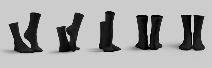 Long black socks mockup 3D rendering, diverse presentation of gaiters for feet, front, side, back view, for design, branding. Set