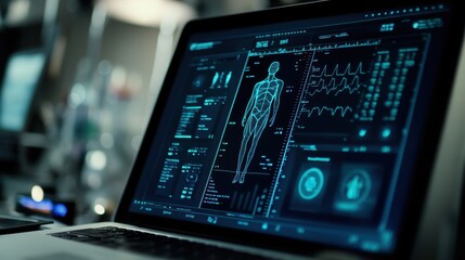 Close-up view of a laptop displaying a medical database interface with health statistics, patient data, and digital security elements in a modern workspace. Professional medical technology setup.