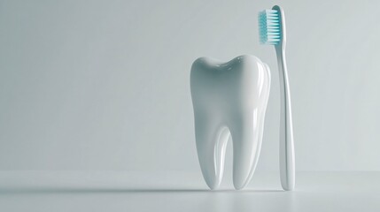 A realistic depiction of a single tooth with a toothbrush beside it, minimalist design, health demonstration concept, isolated on a white background