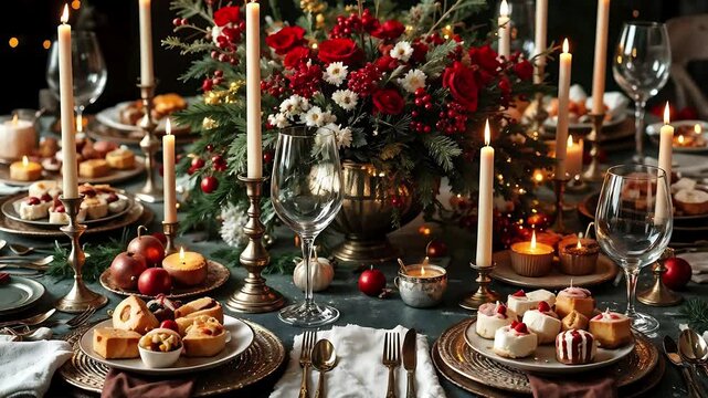 4K Animated Snowfall Loop, Christmas Backdrop, Winter Background, Beautifully Arranged Christmas Table Setting for Holiday Celebrations