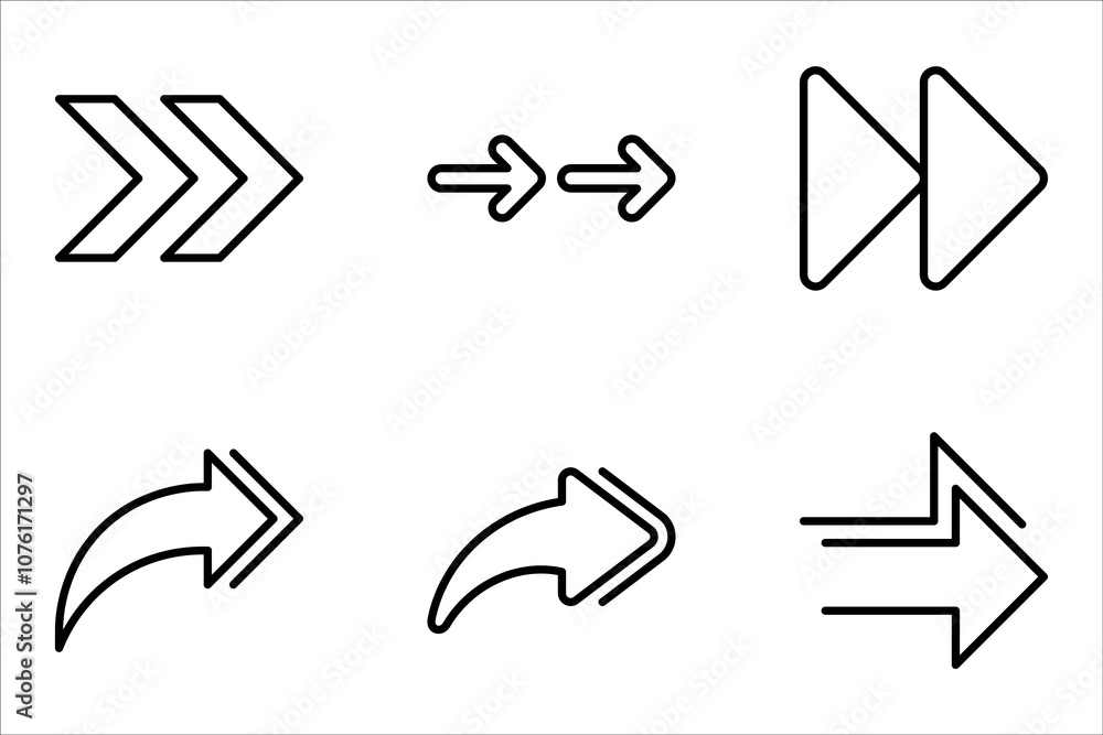 Poster double right arrow linear icon set. symbolize fast forward, skip or next vector illustration on whit
