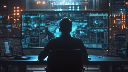 A person observes a high-tech control center filled with digital screens displaying data and global information.