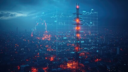 Urban skyline with a communication tower and digital data overlay.