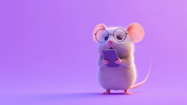 portrait of a cute mouse holding a smartphone and wearing glasses
