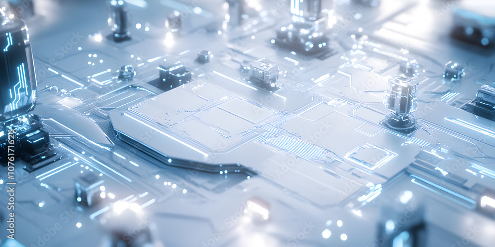 Poster the heart of innovation: a close-up of a futuristic motherboard with glowing circuits, capturing the
