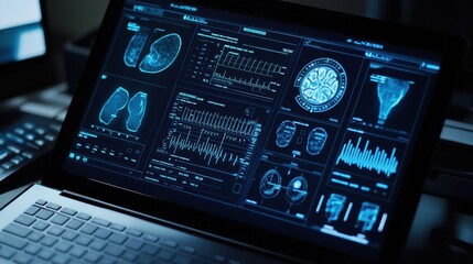 Obraz premium Close-up view of a laptop displaying a medical database interface with health statistics, patient data, and digital security elements in a modern workspace. Professional medical technology setup.