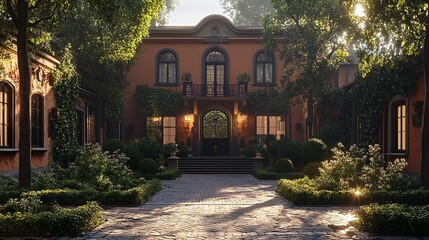 A brick building with a walkway nestled between two tall trees. This image can be used to depict urban architecture and natural surroundings in harmony
