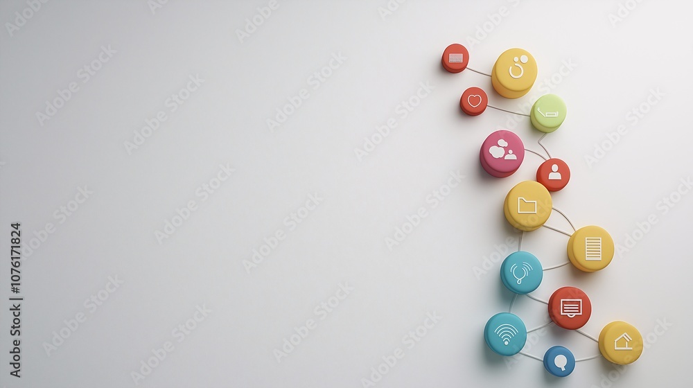 Poster colorful digital icons representing customer interaction and online services in a minimalist layout 