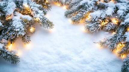 Christmas white winter decoration scene with snow-covered fir tree branches and glowing holiday lights, creating a serene festive background for seasonal celebrations and elegant holiday themes