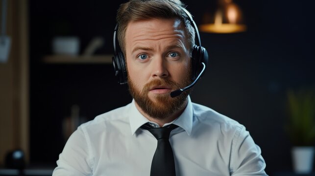 A serious-looking man with a beard wearing a headset speaks into a microphone in a dimly lit office environment.