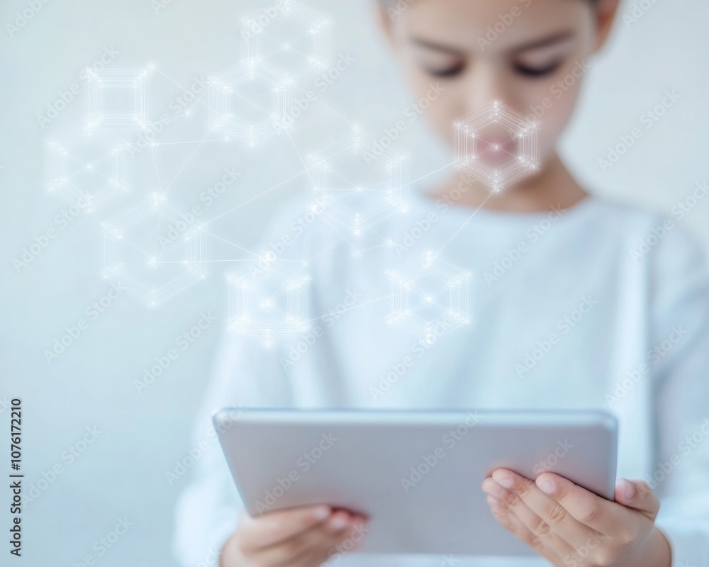 Poster young child exploring blockchain technology with tablet in bright indoor setting