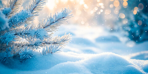 Beautiful winter background image of snow-covered fir branches close-up against a background of small snow drifts with Christmas bokeh lights, space for text